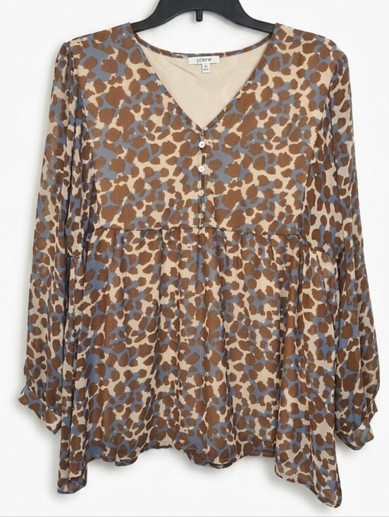 JODIFL Tops - JODIFL Brown & Blue Leopard-Spot V-Neck Blouse With Sheer Quater Sleeves Sz Med